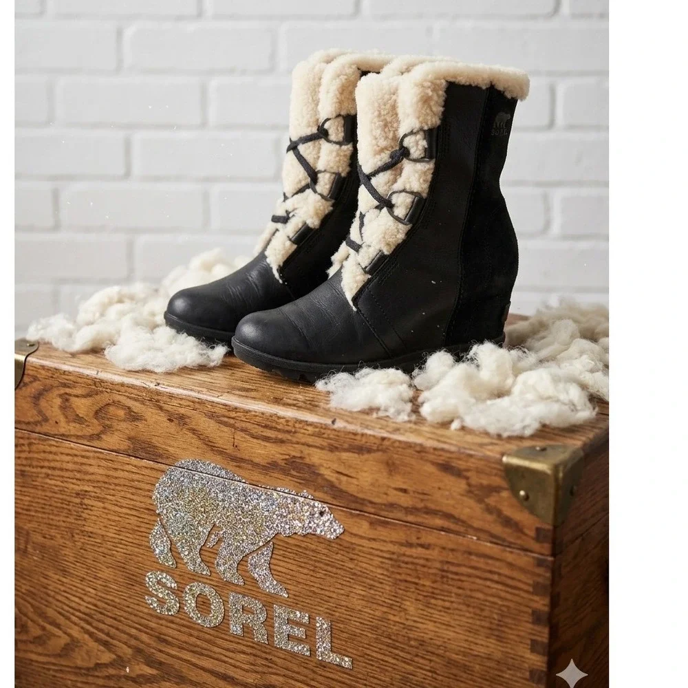 Sorel Joan of‎ Arctic 🖤Wedge II Shearling Black Leather Suede Boots sheep skin